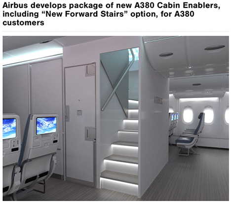 エアバスは、A380の新客室装備オプションを発表、座席数が78席増4増えて575席に！